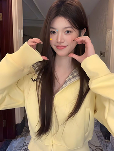 美式复古黄色格子连帽卫衣女秋冬宽松小个子加绒加厚开衫短款外套