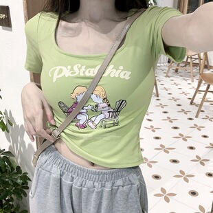 大码纯欲辣妹正肩t恤短袖女薄款夏季短款复古显瘦胖mm遮肚子上衣