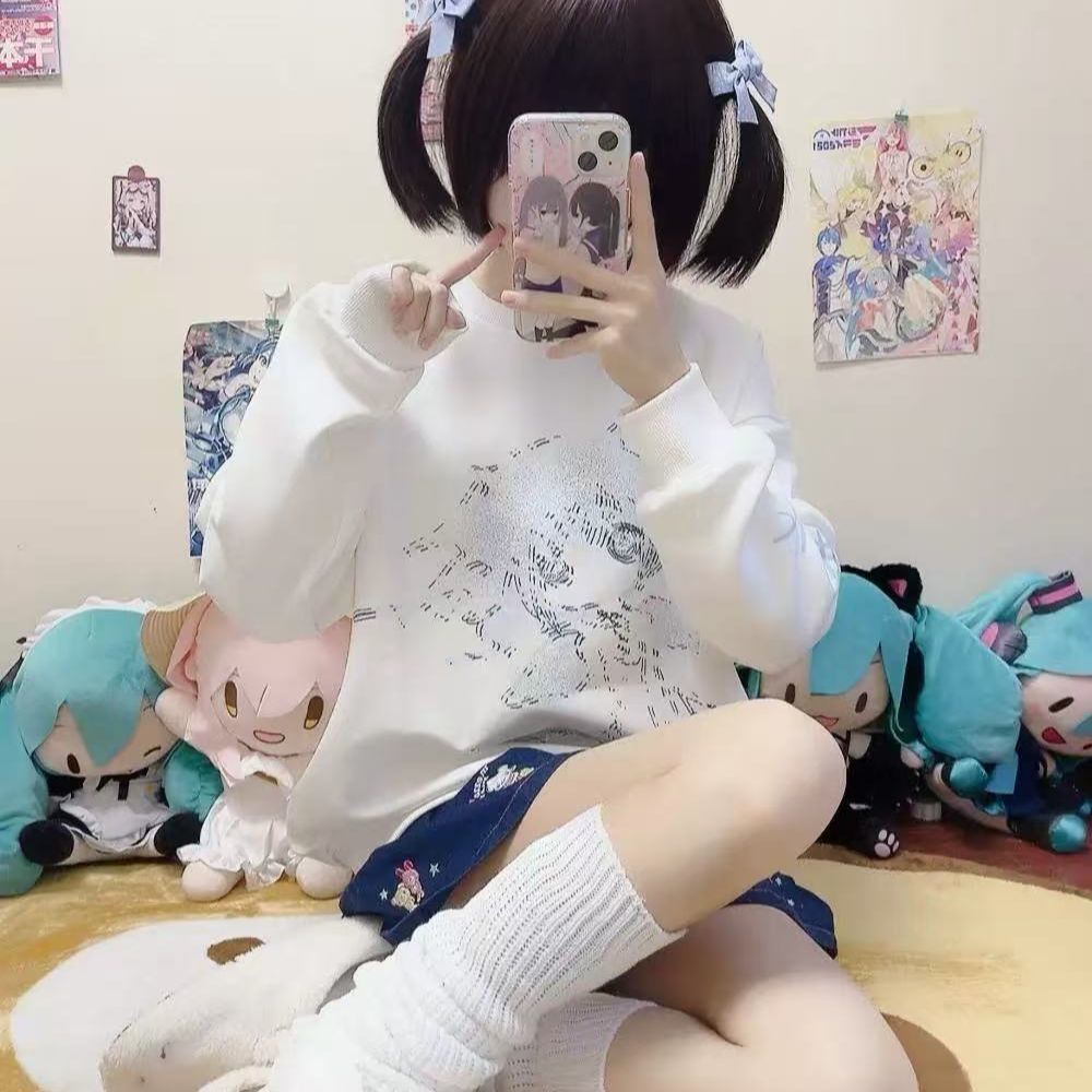 日系少女风可爱动漫白色卫衣女秋冬新款二次元宅系亚文化上衣女