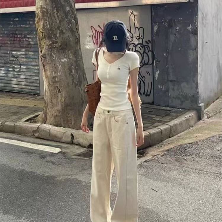 美式甜辣V领设计感小众短袖T恤女夏季小个子正肩修身显瘦短款上衣