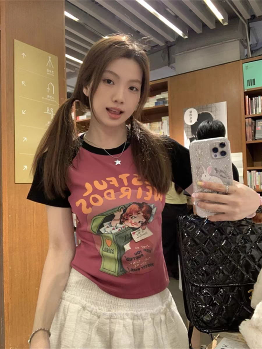美式辣妹卡通印花拼色短袖T恤女夏季小个子打底修身显瘦短款上衣