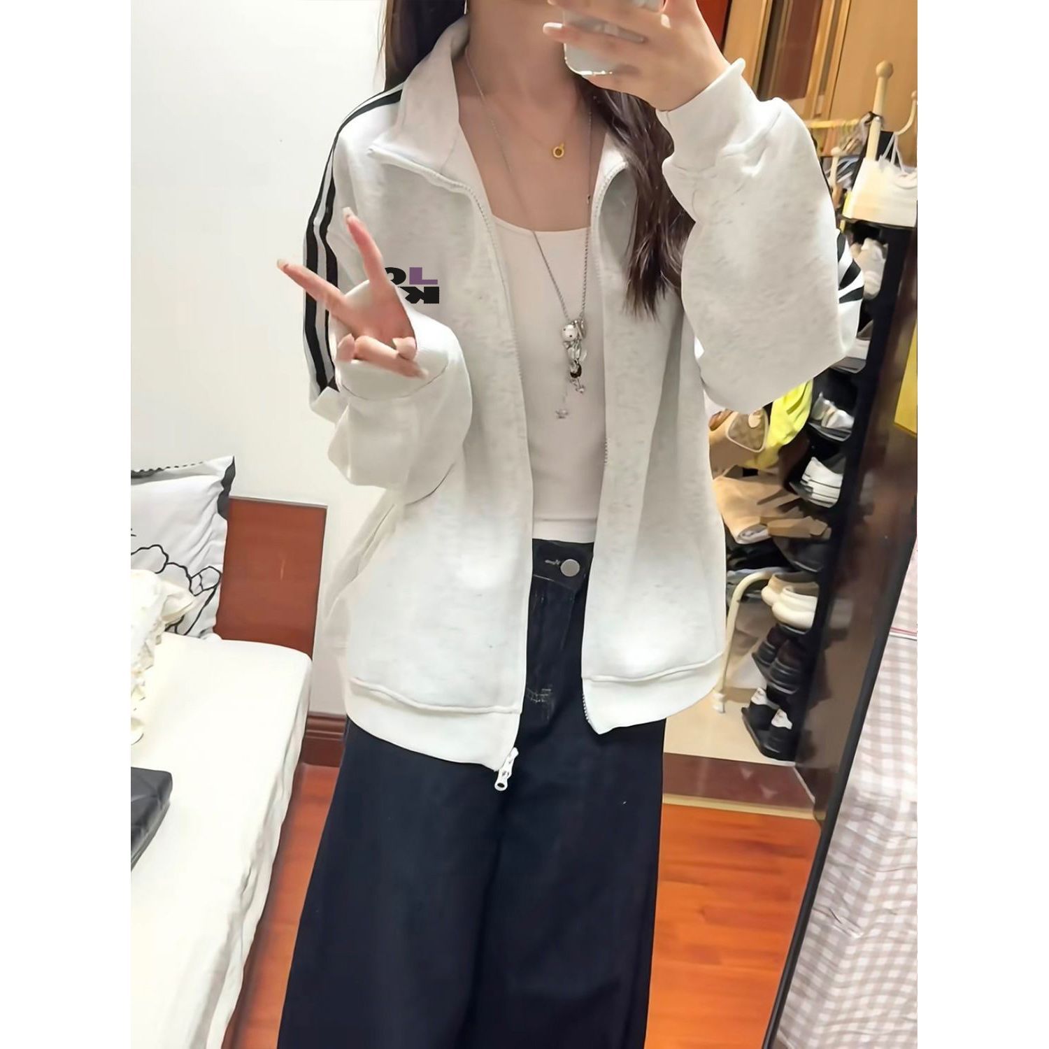 洋气减龄美式秋冬复古宽松显瘦加绒加厚条纹拉链开衫外套男女潮