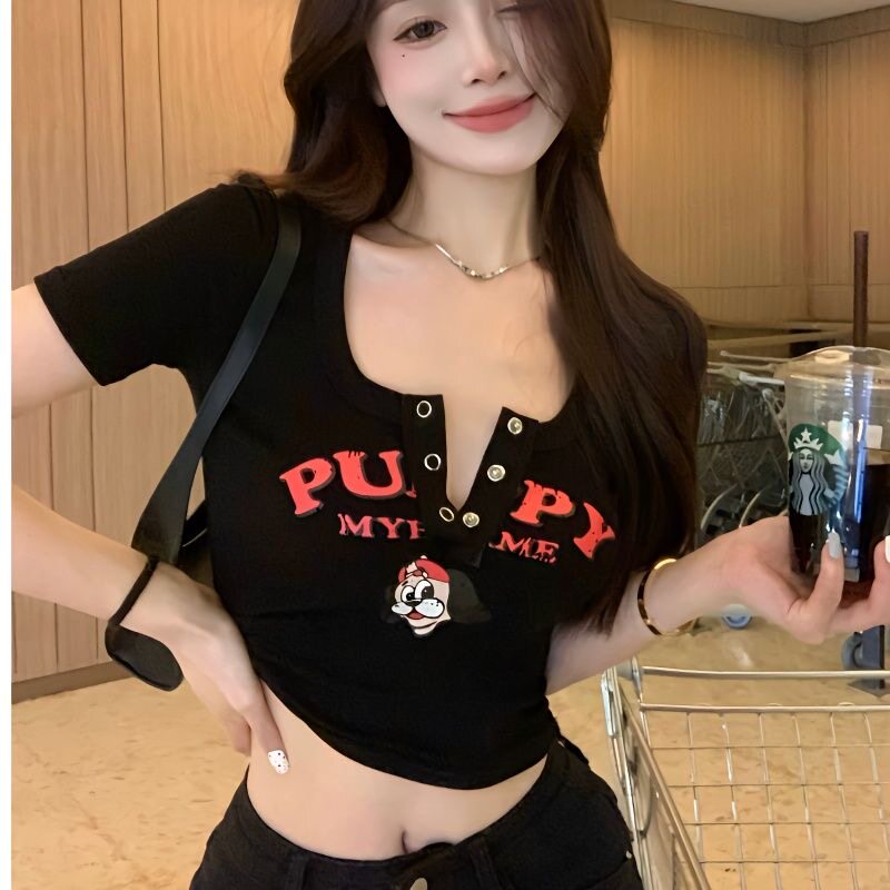 T恤女ins潮夏季2026年新款复古白色辣妹印花紧身v领性感短袖上衣
