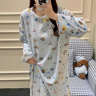 新款睡裙女秋冬珊瑚绒长袖春秋加绒长款法兰绒薄绒连衣裙睡衣冬季