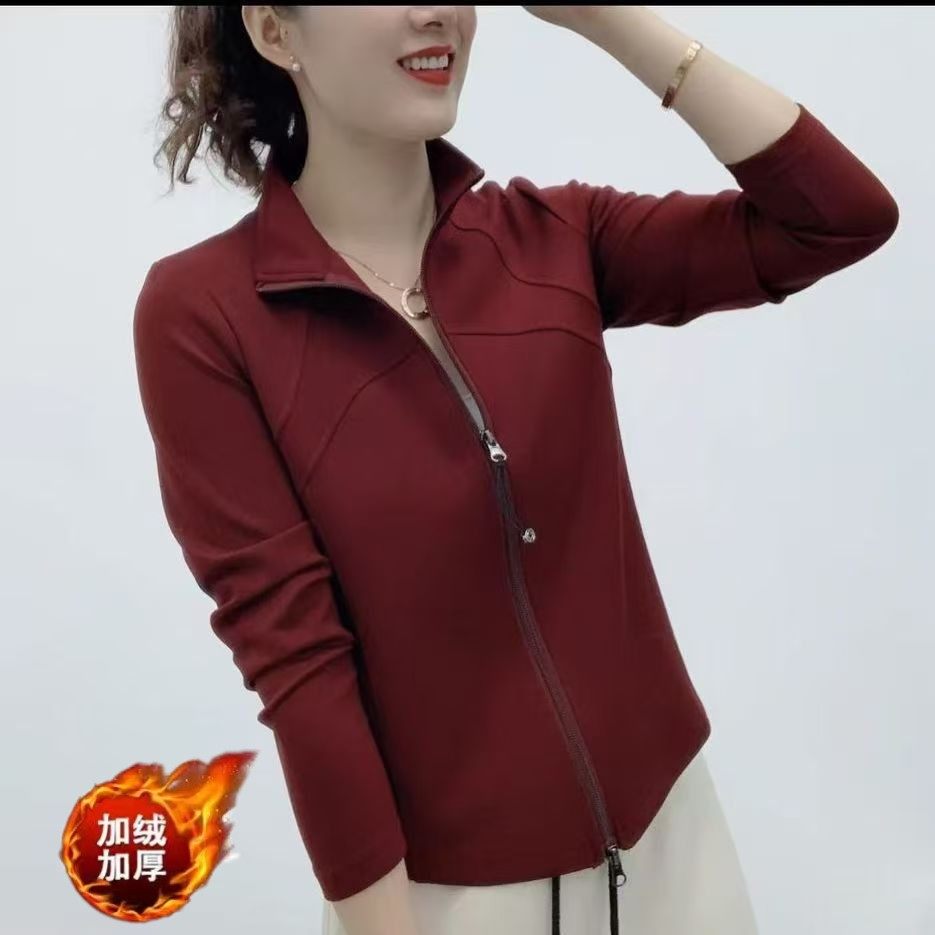 秋冬女款洋气加绒打底显瘦纯色长袖绒衫上衣大码保暖外套休闲百搭