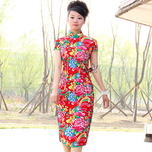 定制旗袍 新娘旗袍 牡丹花棉布旗袍 结婚 晚会出国 活动