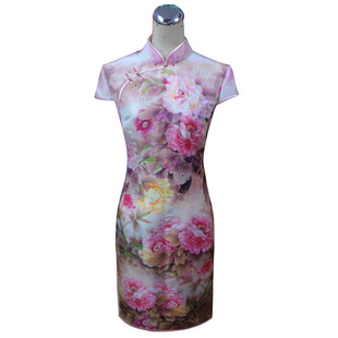 红影旗袍 定制 真丝旗袍 牡丹花旗袍 晚会 高档 复古旗袍