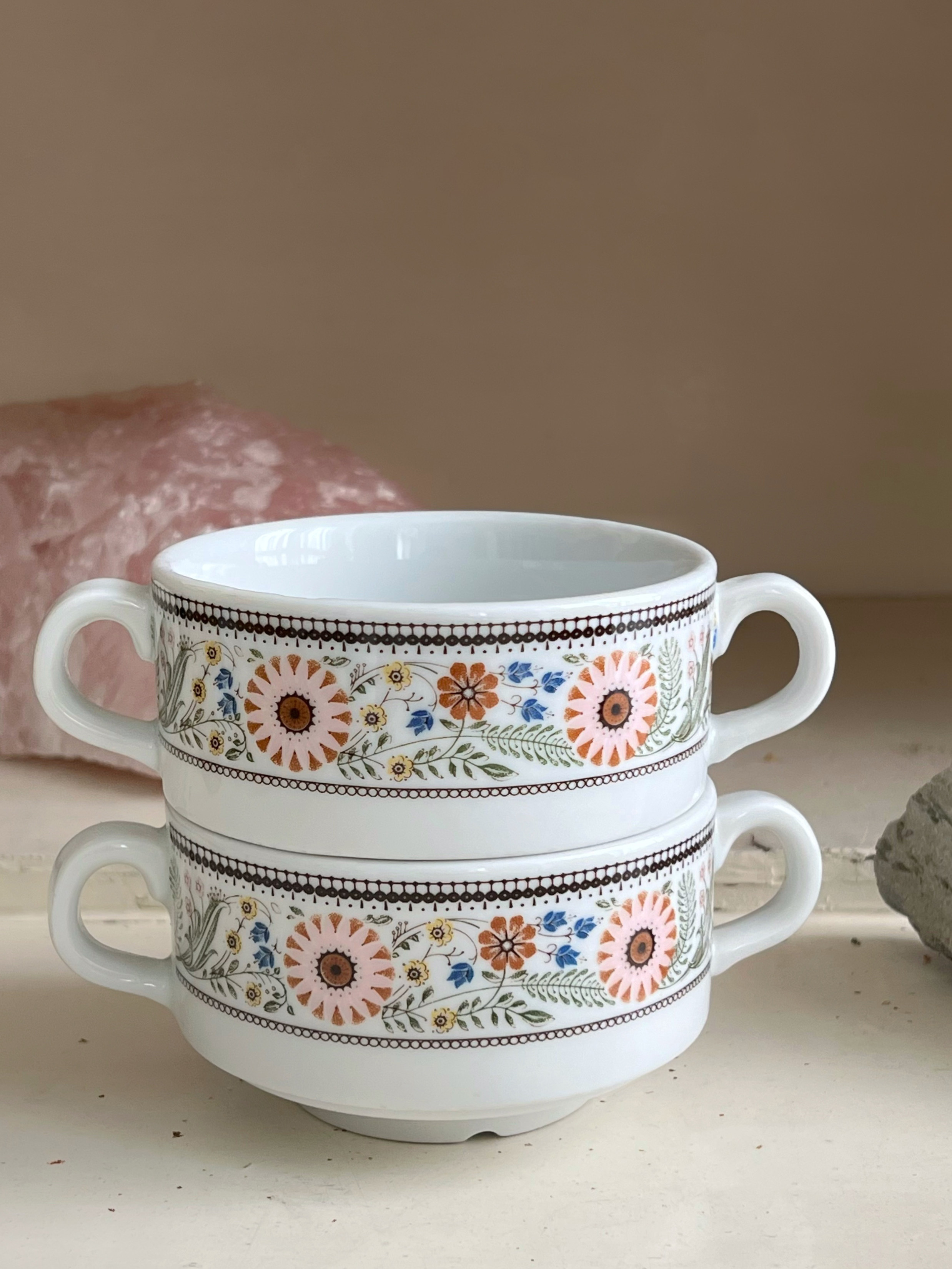 世界岛 欧式花卉厚实陶瓷水杯双耳汤碗下午茶咖啡杯甜品碗餐具