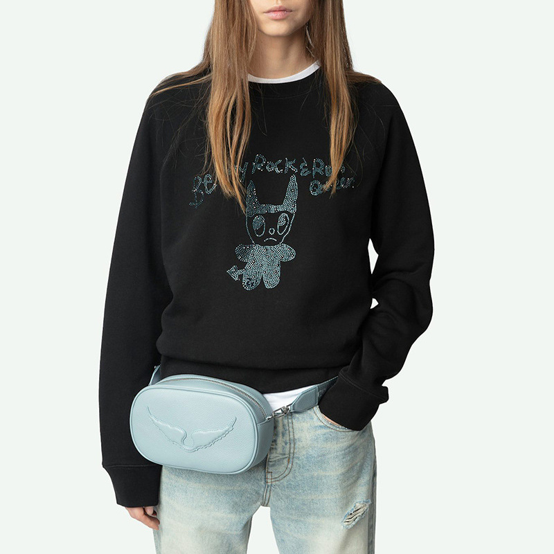 ZV小怪兽烫钻黑色插肩袖卫衣衫