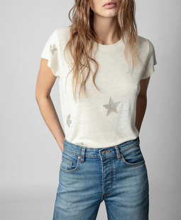 短袖 T恤衫 法国小众ZV星星图案烫钻亚麻圆领女式 23春夏新款 两个色