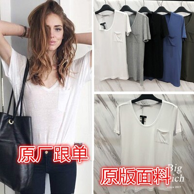 莫代尔T恤女大v领口袋