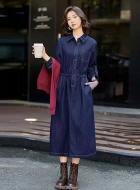 牛ZE981B仔长袖连衣裙202中5季肩复古配披蓝色开叉衬衫式秋气质长