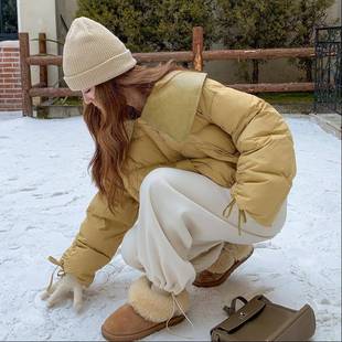 黄B237-256暖色设计款pu皮大翻领羽绒服女025冬季新款小2个子短加
