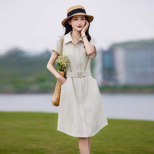 翻小子裙领子女季夏收腰休GE62348-闲裙时个尚领连衣裙