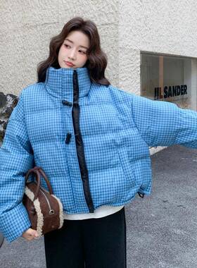 蓝色C117-181格纹设感立短款领羽绒计服女2025小个子减冬龄保暖白