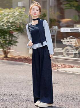 蓝色小香风时尚ZYI2550F套女春2装025新款高级感穿休闲名阔腿裤媛