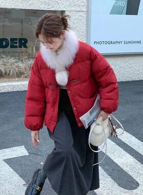红色毛领围羽绒脖服鸭女短款20295冬季新B001-M18款复古宽松加厚0