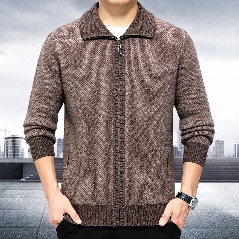 秋新季款纯冬羊绒毛衣男士针织开衫中老年翻领拉羊KXQ链毛衫毛衣