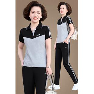 妈中老妈夏装年休闲运动服套装女纯8797014中年棉夏季短袖长裤两