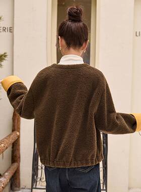 LT2716-1撞色L短外套女秋冬季2025新宽款松显瘦百搭圆领皮毛一体