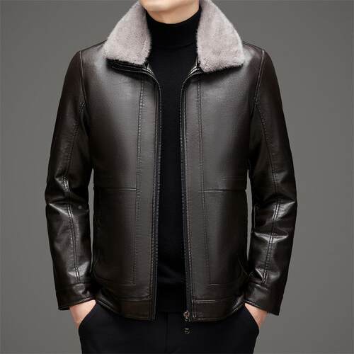 新款冬季海宁皮衣男绵夹801-Q5羊皮克外老套中年男翻皮领加厚休闲