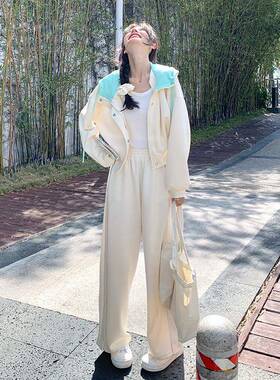 米色韩系减连帽卫衣龄套装白女025秋小个子休闲运动阔ZZB288 42腿