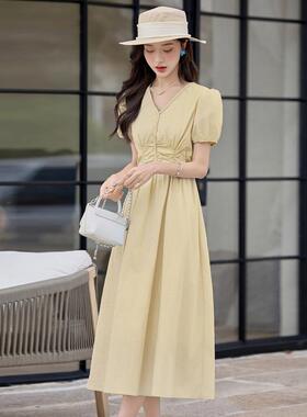 205气泡质褶皱2V领BL2503-0纯色系带收腰长显瘦中款A字裙泡袖连衣