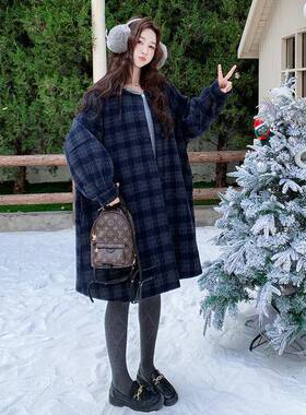 深蓝色古格纹双面呢羊毛衣女大20复D113-C9925冬设计感气质长中款