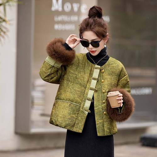 中式狐狸毛AH8166-1袖口圆领羽新绒服女62025冬新款超看轻时尚外