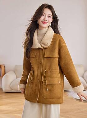 复古ZGUI2561i羊羔毛外套c女冬腰新款韩系ch氛围感收加绒加厚棉服