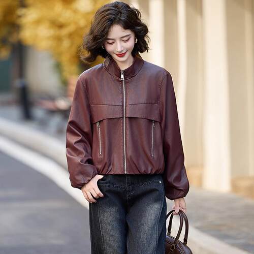 高档TFZ折扣款皮衣外女新款春秋高子级感小个短宽松立领夹套克