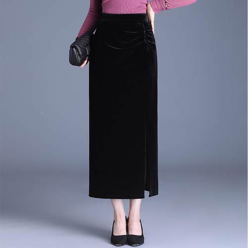 金丝绒半身裙女秋直冬季新修款高腰包臀中长身开叉VWV裙筒长包裙