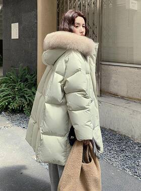 奶0绿色大毛领帽羽绒服女冬季行爆款中长款巨好看b137-5069流白鸭