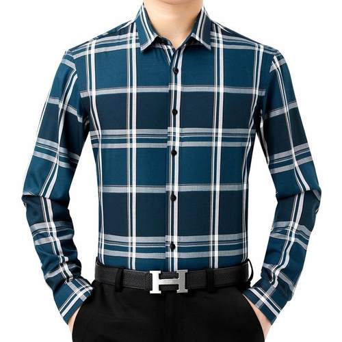 2中023春秋季务休闲袖衬衫薄款丝光长棉免烫抗皱年宽松格91110-LL