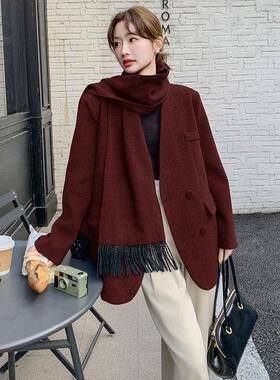 灰色质高级感西装毛气呢围新巾套女2025外冬季款时C103-249髦洋气