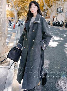韩系灰色女高级感毛呢外套202新款超看复古双排扣好5夹棉C021-302