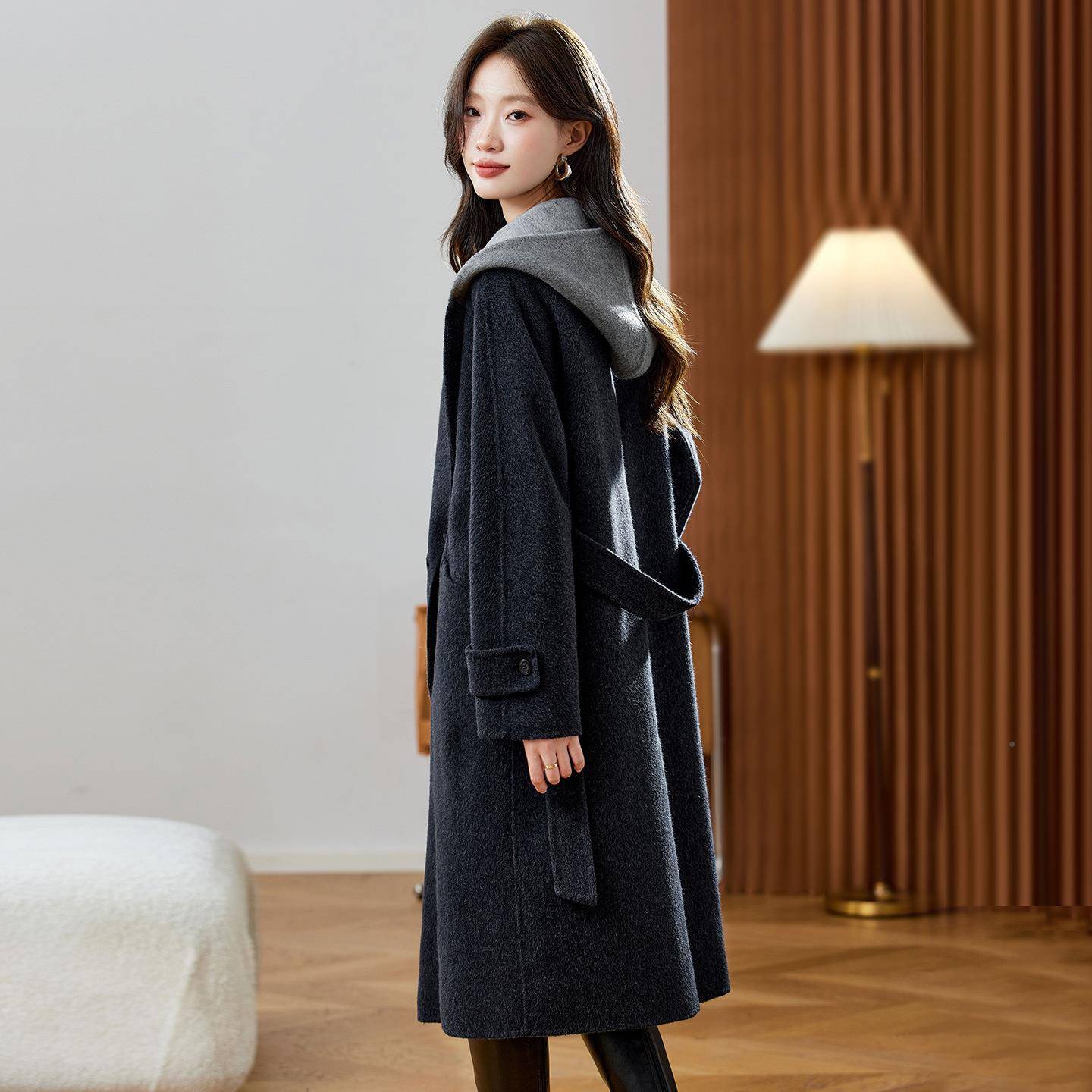 连帽羊毛呢外套女新长款2ZH2642-0025秋冬季款尚气质双面时羊毛大
