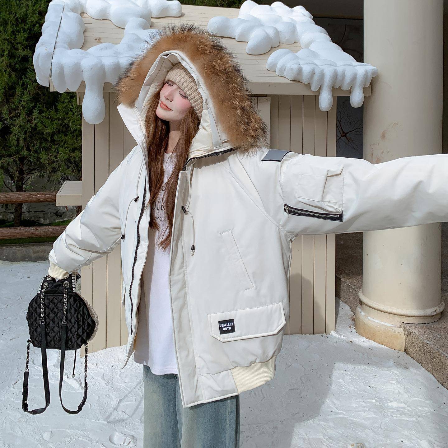 米色韩系大毛领B202-564连帽派克羽绒服女0225冬季洋气保90白白鸭