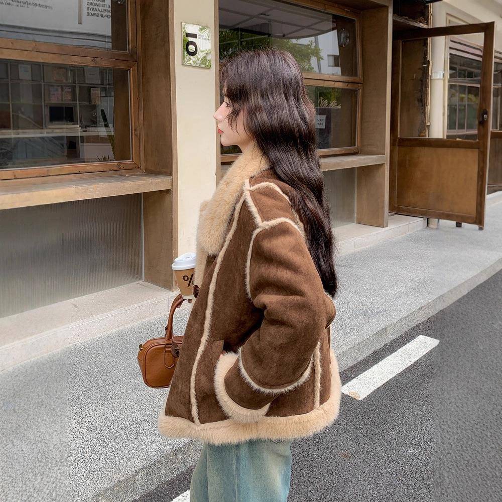 咖色女仿皮毛一羊羔毛棉服外套2B138-802加025冬体新款小个子短款