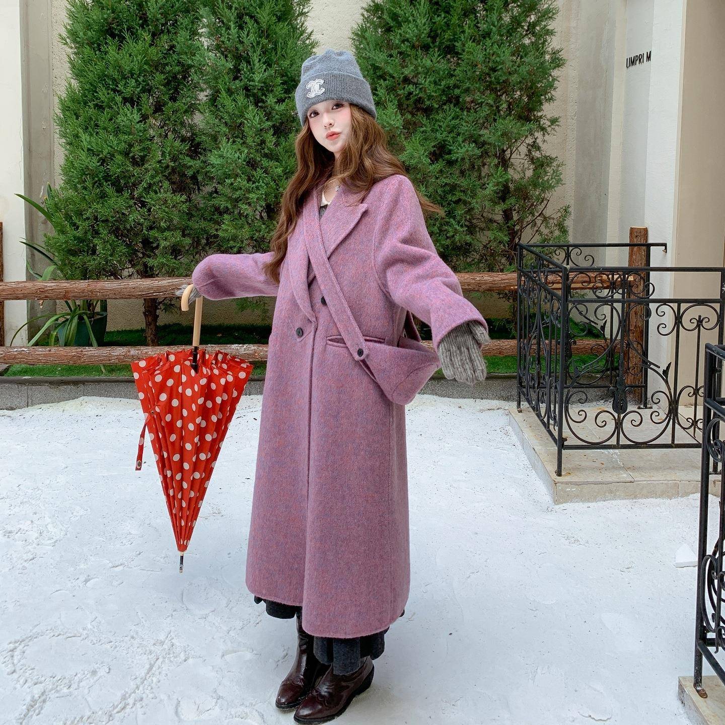 氛感色双面围羊C200-Y63绒大衣女202冬季气质温紫柔风过膝长款毛