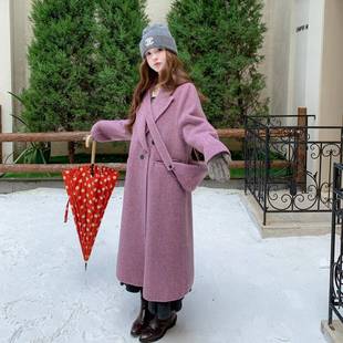 毛 气质温紫柔风过膝长款 氛感色双面围羊C200 Y63绒大衣女202冬季