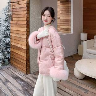 新款 风国中毛9绒拼接羽绒服女2025冬季 0绒氛围感 682粉色新式 c299