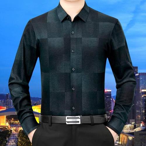 中年男装长袖衬衣男务装春时尚商薄款免S3081-T烫羊绒休山闲男式
