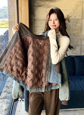 蓝色计复古PU皮拼C221-F18羽接短款牛仔绒服女2025冬设感暖保90白