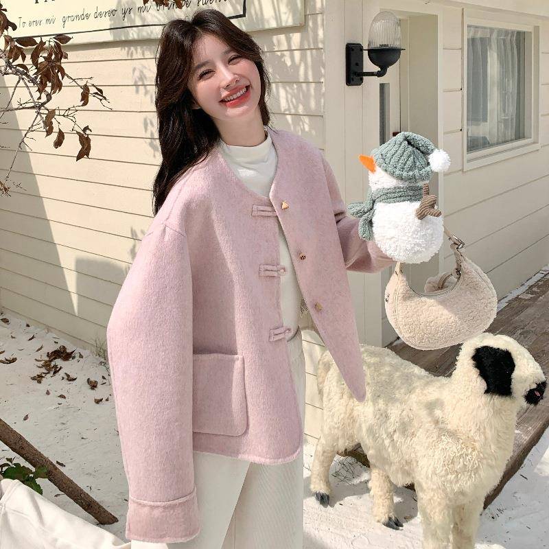 色韩系粉洋气龄双面呢外羊毛大衣女冬新款小个子甜美加厚c319-D92