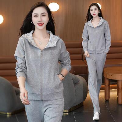 年休宽闲运动套装女春秋新款时96657065尚松开衫步服连卫跑衣两帽