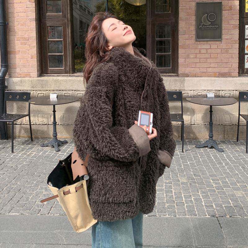 好看的仿皮毛一咖色服C053-836外套女2棉025冬体季新款弛感短款加