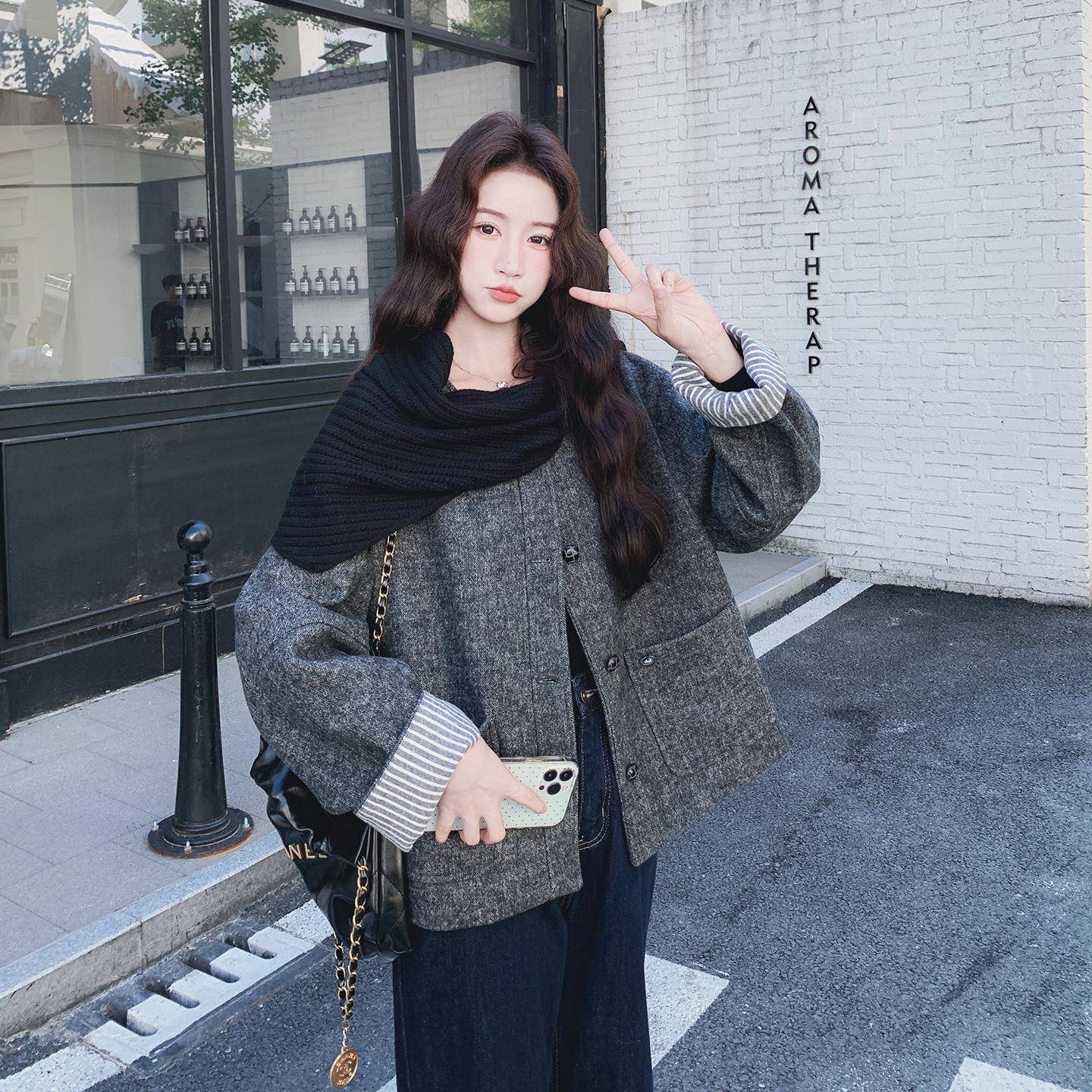 灰色子小个针织围脖单面新呢大季衣女秋冬2025c077-304款松弛感毛