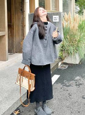 蕾拼接羊毛0呢致外套女225新款丝小个子连帽高级感灰色洋气D034-6