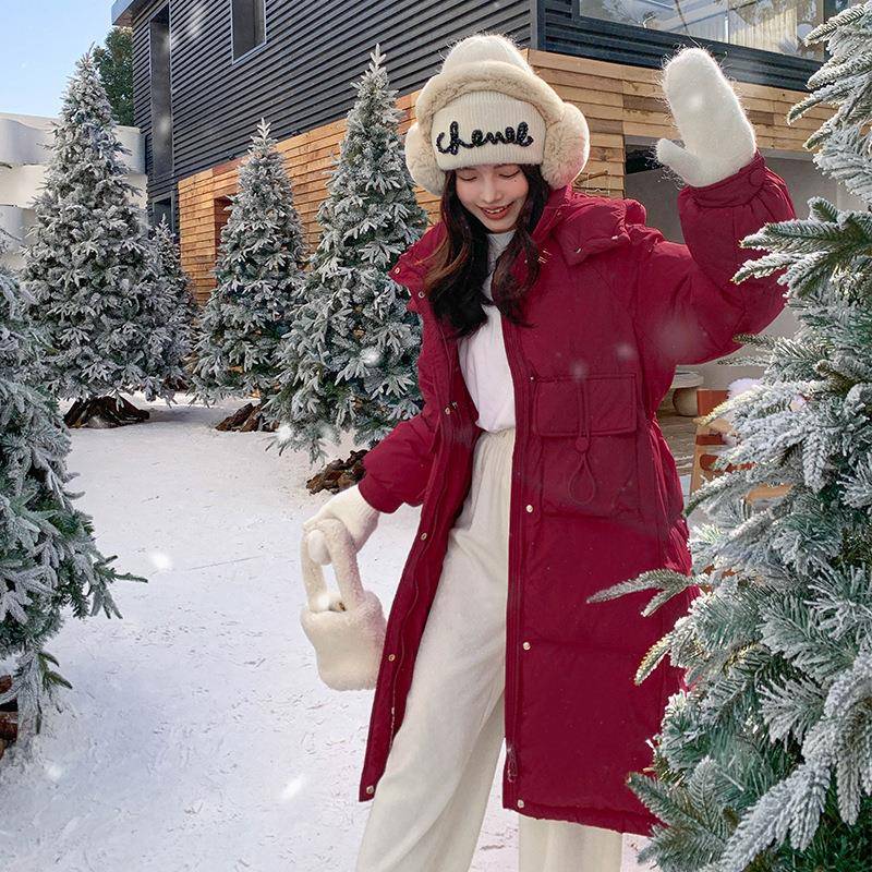 红色中长款羽绒0女225冬季小个子显瘦中厚长服款连D122-913帽加白